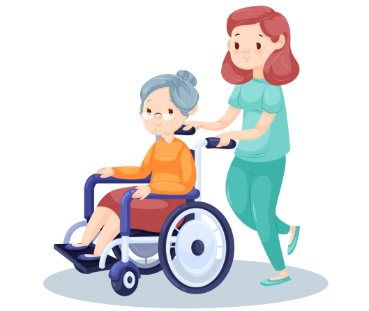 illustration of senior woman in a wheelchair and a nurse helping her